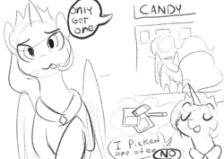 Size: 565x400 | Tagged: safe, artist:mt, princess celestia, oc, oc:anon, alicorn, pony, candy, comic, food, monochrome, offscreen character, shopping