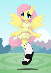 Size: 700x1000 | Tagged: safe, artist:basilloon, fluttershy, anthro, clothes, dress, solo