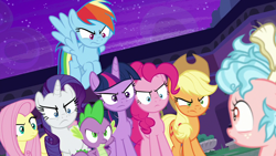 Size: 1280x720 | Tagged: safe, derpibooru import, screencap, applejack, cozy glow, fluttershy, pinkie pie, rainbow dash, rarity, spike, twilight sparkle, twilight sparkle (alicorn), alicorn, dragon, earth pony, pegasus, pony, unicorn, school raze, angry, bow, defeated, female, filly, floppy ears, foal, freckles, furious, glare, mane seven, mane six, messy mane, night, raised eyebrow, uh oh, winged spike, you dun goofed