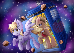 Size: 1024x724 | Tagged: safe, artist:nana-yuka, derpy hooves, doctor whooves, earth pony, pegasus, pony, doctor who, female, food, mare, muffin, space, tardis