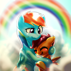 Size: 1000x1000 | Tagged: safe, artist:ushiro no kukan, derpibooru import, rainbow dash, scootaloo, pegasus, pony, best pony, heartwarming, scootalove