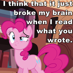 Size: 640x640 | Tagged: safe, edit, edited screencap, screencap, pinkie pie, earth pony, pony, pinkie apple pie, book, caption, confused, image macro, reaction image, solo