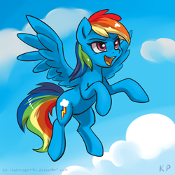 Size: 1500x1500 | Tagged: safe, artist:kp-shadowsquirrel, derpibooru import, rainbow dash, pegasus, pony, flying, open mouth, raised hoof, solo, spread wings