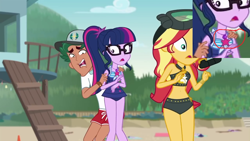 Size: 1280x720 | Tagged: safe, edit, edited screencap, screencap, sci-twi, sunset shimmer, timber spruce, twilight sparkle, better together, equestria girls, unsolved selfie mysteries, clothes, geode of telekinesis, lifeguard timber, scared, swimsuit