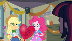 Size: 1366x768 | Tagged: safe, screencap, applejack, pinkie pie, twilight sparkle, equestria girls, balloon, bracelet, clothes, jewelry, skirt