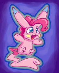 Size: 800x1000 | Tagged: safe, artist:heir-of-rick, pinkie pie, pikachu, blue background, crossover, cute, female, impossibly large ears, open mouth, pinkachu, pokefied, pokémon, simple background, solo, species swap