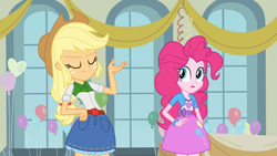 Size: 1366x768 | Tagged: safe, screencap, applejack, pinkie pie, equestria girls, clothes, duo female, female