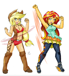 Size: 2909x3186 | Tagged: safe, artist:danmakuman, edit, editor:backgroundlol, applejack, sunset shimmer, equestria girls, appleshimmer, armpits, bikini, clothes, costume, cowgirl, female, high res, lesbian, pantyhose, shipping, simple background, swimsuit, white background