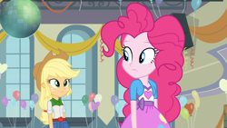 Size: 1366x768 | Tagged: safe, screencap, applejack, pinkie pie, equestria girls, applejack's hat, balloon, cowboy hat, disco ball, hat