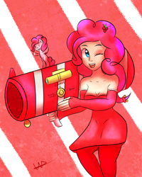 Size: 1024x1280 | Tagged: safe, artist:wolfy-pony, pinkie pie, human, clothes, human ponidox, humanized, party cannon, santa costume, solo, wink