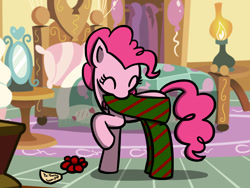 Size: 1280x960 | Tagged: safe, artist:flutterluv, pinkie pie, earth pony, pony, gift wrapped, mouth hold, solo, wrapping paper