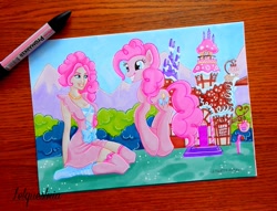 Size: 799x610 | Tagged: safe, artist:letquestria, artist:ltiachan, pinkie pie, human, duality, human ponidox, humanized, markers, sugarcube corner, traditional art