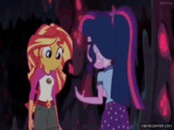 Size: 500x374 | Tagged: safe, artist:princess twilight sparkle, edit, screencap, sci-twi, sunset shimmer, twilight sparkle, equestria girls, legend of everfree, aaaaaaahhhhh, animated, animation error, apology, bart simpson, camp everfree outfits, cave, chainsaw, crossover, crystal, everfree forest, female, frightened, gif, glasses, hockey mask, homer simpson, jumping, kissing, mask, ponytail, screaming, smoke, the simpsons, youtube, youtube link