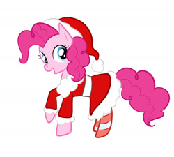 Size: 2000x1796 | Tagged: safe, artist:looji, pinkie pie, earth pony, pony, christmas, clothes, female, hat, holiday, looking at you, mare, open mouth, santa costume, santa hat, simple background, socks