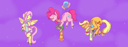 Size: 1282x471 | Tagged: safe, artist:ratchatter, applejack, fluttershy, gummy, pinkie pie, earth pony, pegasus, pony, balloon, clothes, eyes closed, floating, floppy ears, flying, scarf, smiling, stars, then watch her balloons lift her up to the sky, unshorn fetlocks