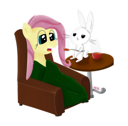 Size: 1280x1261 | Tagged: safe, artist:cylosis, angel bunny, fluttershy, pegasus, pony, blanket, sick, simple background, soup, transparent background