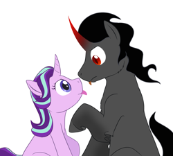 Size: 1000x900 | Tagged: safe, artist:enigmadoodles, king sombra, starlight glimmer, pony, unicorn, :p, cheek fluff, chest fluff, cute, female, glimmerbetes, looking at each other, male, mare, missing accessory, raised hoof, shipping, simple background, sitting, sombradorable, stallion, starlightsombra, straight, tongue out, unshorn fetlocks, white background