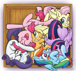 Size: 1000x933 | Tagged: safe, artist:muffinexplosion, derpibooru import, applejack, fluttershy, pinkie pie, rainbow dash, rarity, twilight sparkle, twilight sparkle (alicorn), alicorn, earth pony, pegasus, pony, unicorn, box, crowded, female, fluffy, mane six, mare, pony in a box