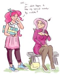 Size: 803x1000 | Tagged: safe, artist:king-kakapo, fluttershy, pinkie pie, human, bag, bench, blushing, boob window, cleavage, clothes, converse, embarrassed, female, humanized, keyhole turtleneck, laughing, leggings, open-chest sweater, pantyhose, present, shirt, sketch, skirt, sneakers, sweater, sweatershy, turtleneck