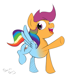 Size: 1191x1200 | Tagged: safe, artist:saine grey, derpibooru import, rainbow dash, scootaloo, pegasus, pony, age progression, character to character, colored, pony to pony, simple background, solo, transformation, transparent background