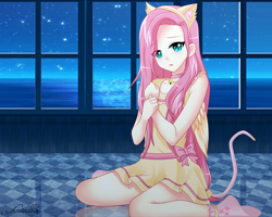 Size: 3000x2400 | Tagged: safe, artist:srtagiuu, fluttershy, human, cat ears, cat tail, cute, fake ears, fluttercat, humanized, solo, srtagiuu is trying to murder us, winged humanization