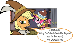 Size: 2549x1488 | Tagged: safe, artist:miroslav46, applejack, chancellor puddinghead, pinkie pie, smart cookie, earth pony, pony, dialogue, speech bubble