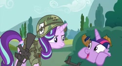 Size: 1072x580 | Tagged: safe, artist:buckweiser, edit, edited screencap, screencap, starlight glimmer, twilight sparkle, pony, unicorn, 20th century, ak, ak-47, assault rifle, bush, bushicorn, duo, duo female, female, full metal jacket, gun, helmet, m16, military, military uniform, movie reference, rifle, vietcong, vietnam war, weapon