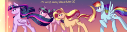 Size: 1600x400 | Tagged: safe, artist:xjenn9, rainbow dash, starlight glimmer, sunset shimmer, twilight sparkle, twilight sparkle (alicorn), alicorn, pegasus, pony, windswept mane