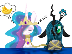 Size: 1600x1200 | Tagged: safe, artist:lovehtf421, princess celestia, queen chrysalis, alicorn, changeling, changeling queen, pony, banana, food, rock, sleeping