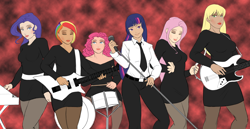 Size: 1280x661 | Tagged: safe, artist:eve-ashgrove, derpibooru import, applejack, fluttershy, pinkie pie, rainbow dash, rarity, twilight sparkle, human, addicted to love, bass guitar, drums, electric guitar, eyeshadow, guitar, humanized, keyboard, lipstick, mane six, microphone, music video reference, musical instrument, robert palmer, tambourine