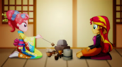Size: 1600x877 | Tagged: safe, artist:jucamovi1992, sunset shimmer, oc, oc:flying cherry, equestria girls, clothes, female, food, kimono (clothing), tea, tea ceremony