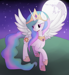 Size: 788x863 | Tagged: safe, artist:aniowo, princess celestia, alicorn, pony, mare in the moon, moon, raised hoof, solo, spread wings