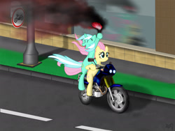 Size: 2048x1536 | Tagged: safe, artist:aagun, fluttershy, lyra heartstrings, pegasus, pony, motorcycle, smoke, torch