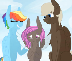 Size: 1024x866 | Tagged: safe, artist:pugasart, derpibooru import, dumbbell, rainbow dash, oc, oc:breeze aura, pegasus, pony, colored wings, dumbdash, eyes closed, family, family photo, female, freckles, long ears, looking down, male, offspring, parent:dumbbell, parent:rainbow dash, parents:dumbdash, shipping, short hair, spread wings, straight, wings