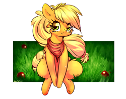 Size: 2189x1717 | Tagged: safe, artist:carligercarl, applejack, earth pony, pony, apple, bandana, food, grass, looking at you, sitting, solo