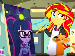 Size: 1011x758 | Tagged: safe, edit, edited screencap, editor:gay-horse, editor:thiscatisonfire, screencap, sci-twi, sunset shimmer, twilight sparkle, better together, eqg summertime shorts, equestria girls, star crossed, the art of friendship, blushing, cute, exploitable meme, female, geode of telekinesis, lesbian, meme, painting, scitwishimmer, shimmerbetes, shipping, sunset's painting, sunsetsparkle, twiabetes