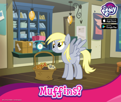 Size: 940x788 | Tagged: safe, derpy hooves, pegasus, pony, basket, bronybait, cute, derpabetes, food, gameloft, muffin, my little pony logo, official, talking to viewer, that one nameless background pony we all know and love, that pony sure does love muffins