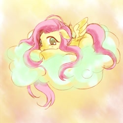 Size: 500x500 | Tagged: safe, artist:leventy, fluttershy, pegasus, pony, cloud, cute, floppy ears, long mane, solo, spread wings