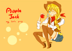 Size: 3507x2480 | Tagged: safe, artist:nexus, applejack, human, apple, eating, humanized, one eye closed, pixiv, sitting, solo