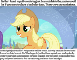 Size: 1280x1002 | Tagged: safe, screencap, applejack, earth pony, pony, analysis, bronybait, cuddle studies, cuddling, snuggling, solo, text