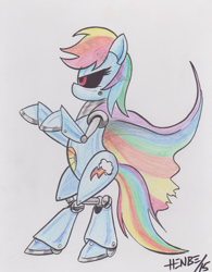 Size: 2544x3264 | Tagged: safe, artist:henbe, derpibooru import, rainbow dash, pegasus, pony, backwards cutie mark, high res, metal dash, rainbot dash, solo, traditional art