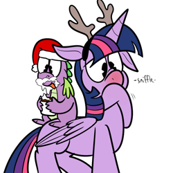 Size: 700x700 | Tagged: safe, artist:karpet-shark, derpibooru import, spike, twilight sparkle, twilight sparkle (alicorn), alicorn, dragon, pony, female, hat, mare, red nosed, reindeer antlers, santa hat, sniffling, twily-daily