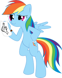 Size: 2085x2636 | Tagged: safe, artist:hoodie-stalker, derpibooru import, rainbow dash, pegasus, pony, bipedal, female, high res, mare, middle finger, paper, simple background, solo, transparent background, vector, vulgar