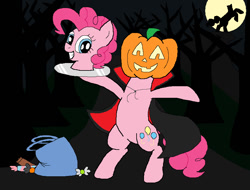 Size: 842x639 | Tagged: safe, artist:bluelioness123, pinkie pie, earth pony, headless horse, pony, candy, detachable head, disembodied head, halloween, headless, jack-o-lantern, modular, moon, pumpkin