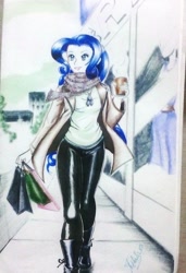 Size: 656x960 | Tagged: safe, artist:aspirantedeartista, derpibooru exclusive, rarity, equestria girls, clothes, coffee, drink, food, humanized, inktober, latex, leggings, scarf, solo, traditional art