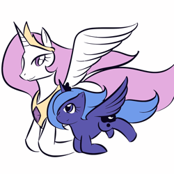 Size: 1920x1920 | Tagged: safe, artist:kloudmutt, princess celestia, princess luna, alicorn, pony, artifact, crown, duo, female, flying, jewelry, pink-mane celestia, regalia, royal sisters, s1 luna, simple background, sisters, white background