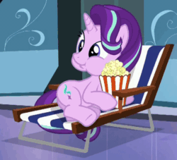 Size: 662x600 | Tagged: safe, screencap, starlight glimmer, pony, unicorn, the crystalling, animated, aweeg*, chipmunk cheeks, cute, eating, female, food, gif, glimmerbetes, loop, mare, on side, open mouth, popcorn, puffy cheeks, reaction image, smiling, solo