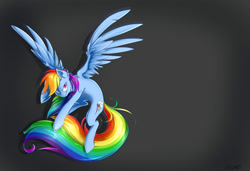 Size: 2000x1368 | Tagged: safe, artist:mingraine, derpibooru import, rainbow dash, pegasus, pony, female, gradient background, mare, solo, spread wings, wings