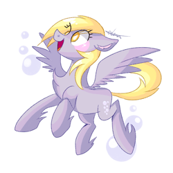 Size: 1000x1000 | Tagged: safe, artist:dddreamdraw, derpy hooves, pegasus, pony, blushing, bubble, chest fluff, cute, derpabetes, eye clipping through hair, female, floppy ears, heart, leg fluff, mare, open mouth, signature, simple background, smiling, solo, spread wings, unshorn fetlocks, white background, wings