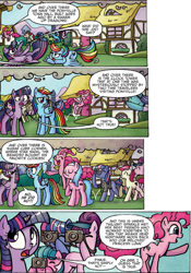 Size: 1116x1591 | Tagged: safe, derpibooru import, idw, aloe, doctor whooves, pinkie pie, rainbow dash, roseluck, twilight sparkle, twilight sparkle (alicorn), alicorn, earth pony, pegasus, pony, spoiler:comic, spoiler:comic31, comic, female, mare, official comic, pronking, speech bubble